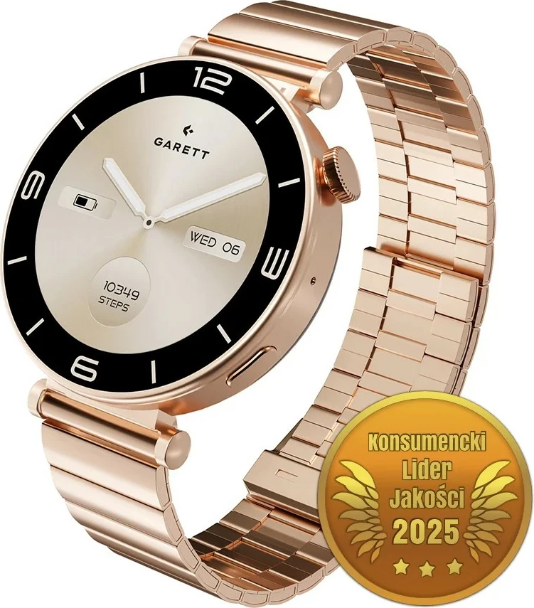 Smartwatch Garett Rose 1.32" AMOLED, Bluetooth, IP67, 260 mAh, me byzylyk çeliku + rrip lëkure, Rose Gold