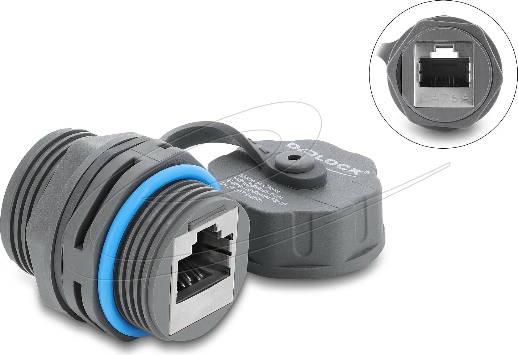 Bashkues RJ45 DeLOCK, Cat6A, IP68, me filetë M23.5x1.5, gri