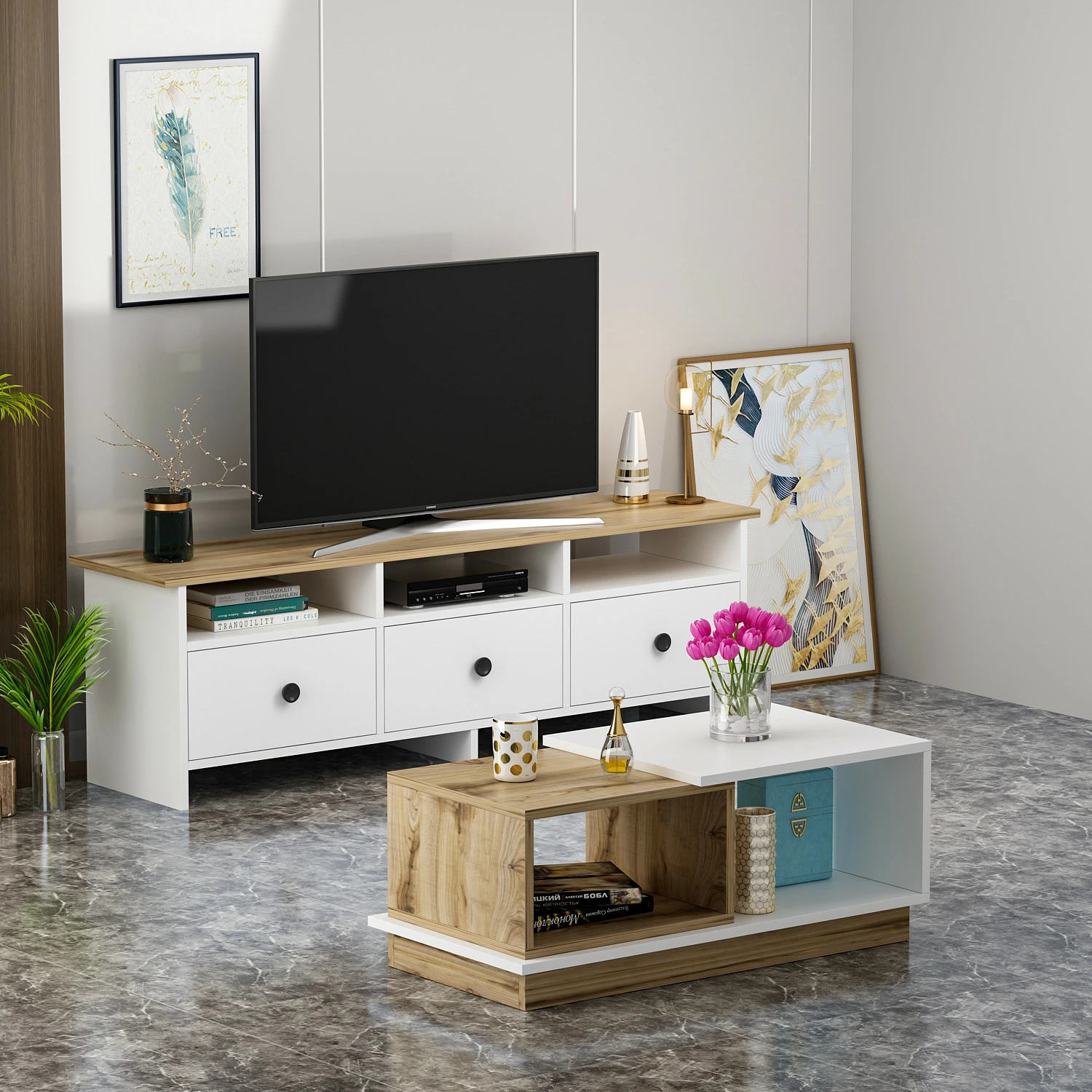 Set mobiljesh për dhomë dite, Skye Decor, Oslo, ngjyrë e bardhë dhe lis