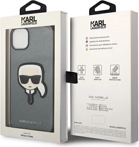 Mbështjellës Karl Lagerfeld KLHCP14MSAPKHG për iPhone 14 Plus 6.7", hardcase, Saffiano Karl's Head Patch, argjendtë