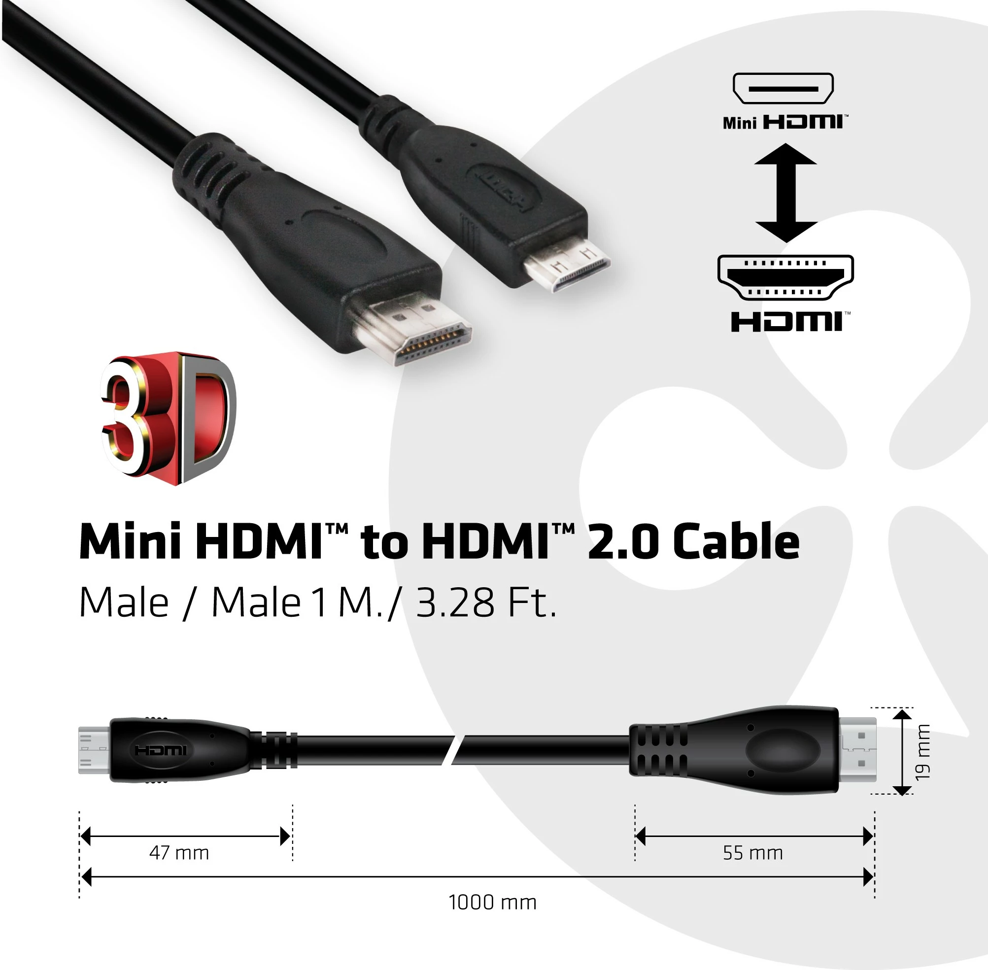 Kabllo HDMI Club3D Mini-HDMI në HDMI 2.0, 1m, e zezë