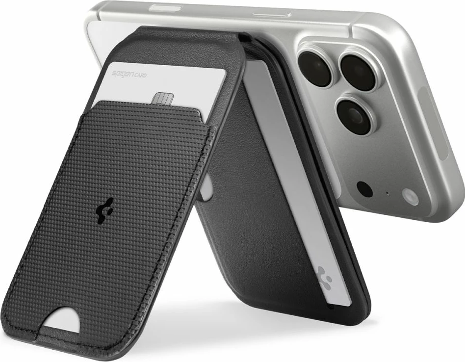 Mbështjellës/portofol MagSafe Spigen S314-2 Slim Fold Tripod Wallet, 3 vende për karta, PU leather, me mbajtëse stand, i zi, 1 copë