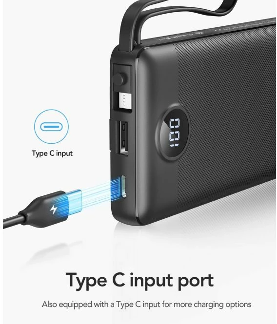 Power bank portativ VEGER C10 10000 mAh me kabllo të integrume, i zi