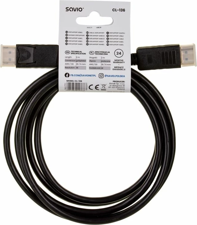 Kabllo DisplayPort Savio CL-136, e zezë, 2m