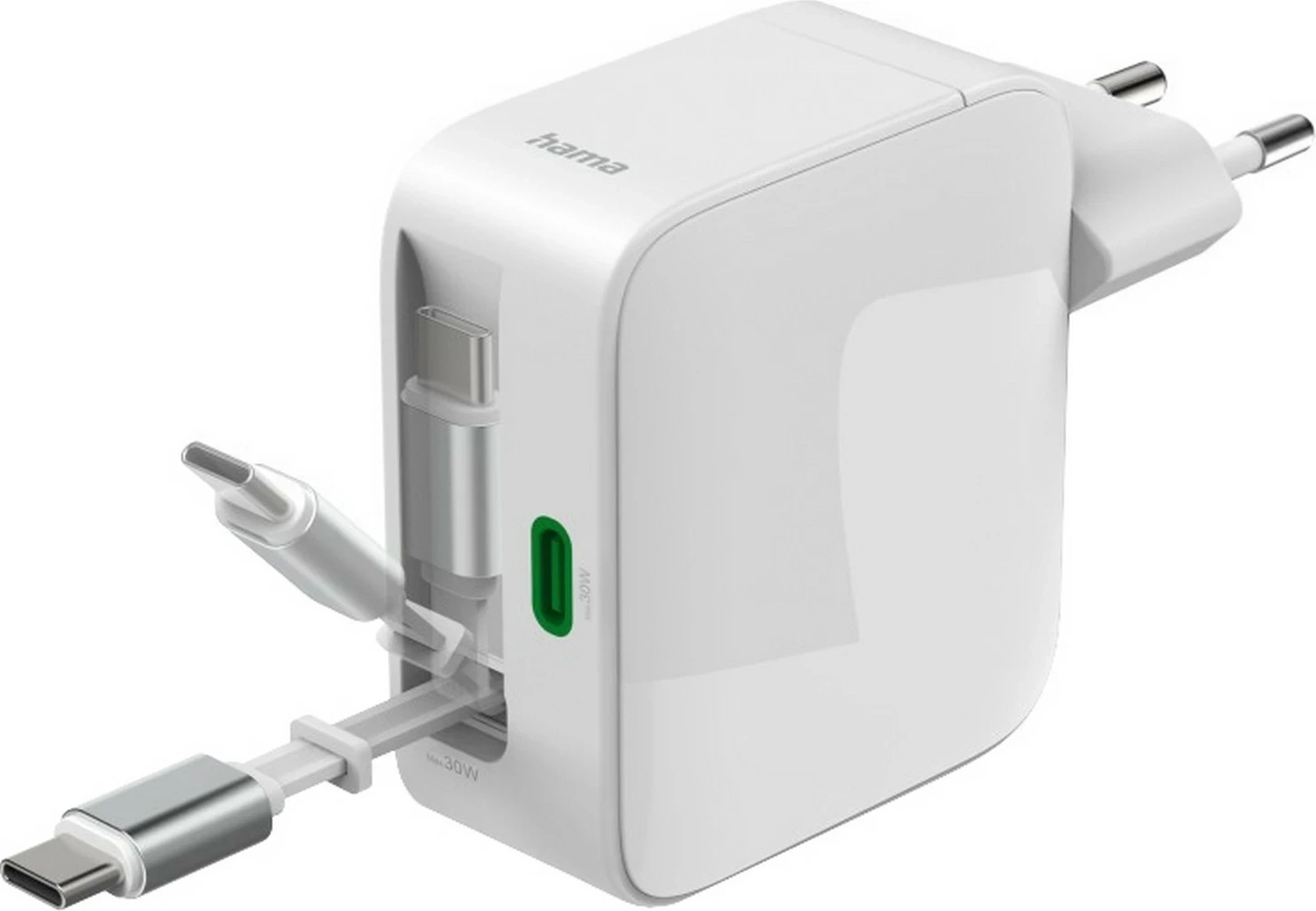 Karikues rrjeti Hama GaN 30W, 2x USB-C, kabllo e tërheqshme, i bardhë