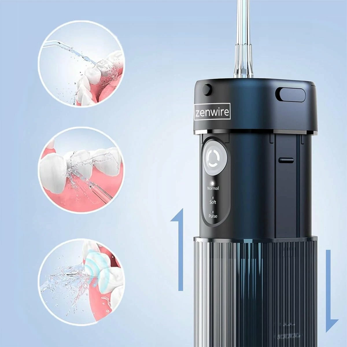 Irigator dentar portativ pa kabllo Zenwire WF309, 190 ml, 3 moda, IPX8, me 6 gryka, i zi