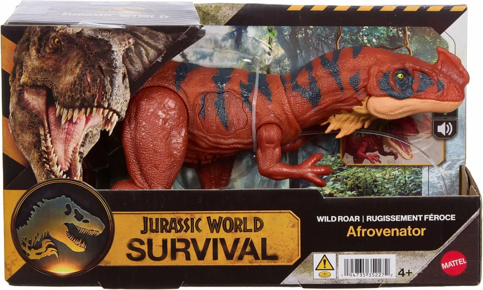 Figurinë dinosauri Mattel Jurassic World Roaring Afrowenator JKL76, 30 cm, me sulm dhe tingull, kuqe/blu
