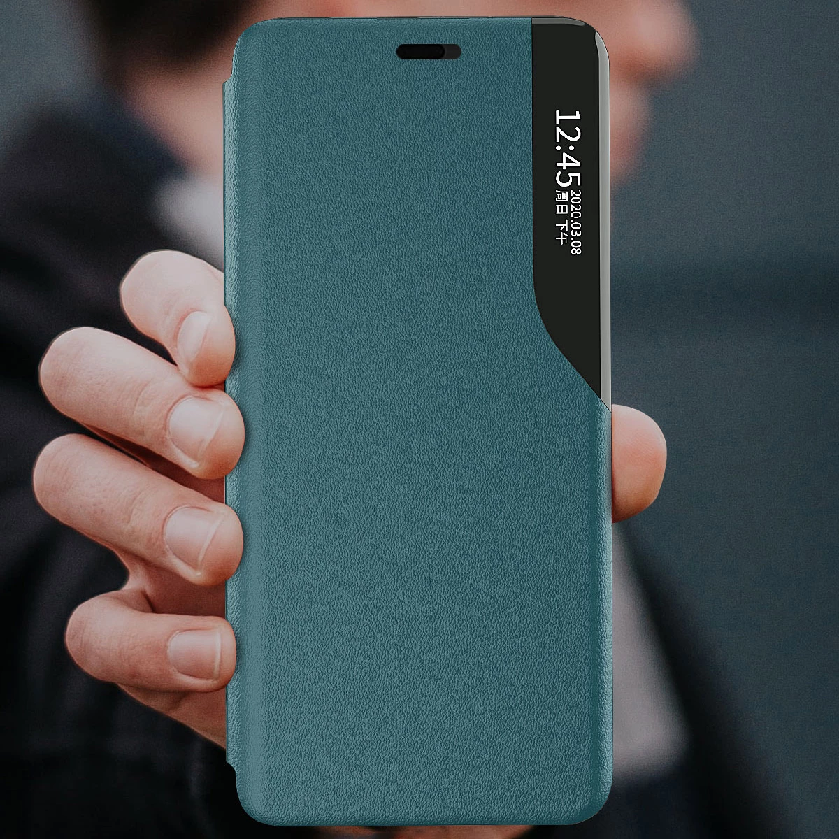 Mbështjellës Hurtel Eco Leather View Case për iPhone 13 Pro Max, me qëndrim, e zezë