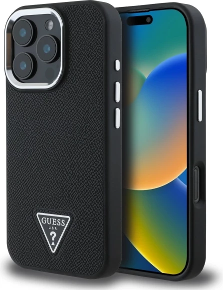 Mbështjellës Guess Grained Triangle MagSafe për iPhone 16 Pro Max 6.9", i zi