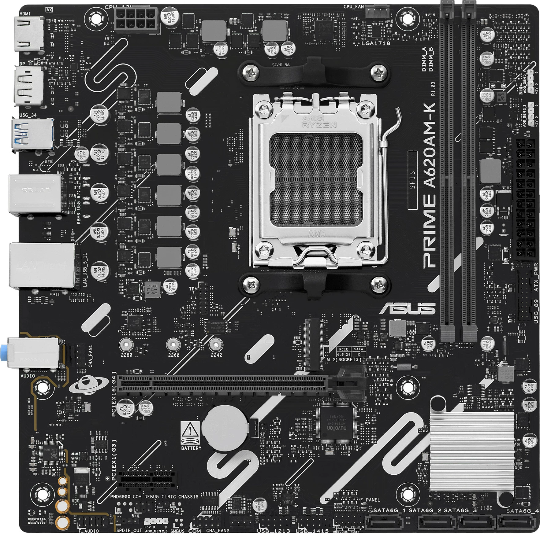 Pllakë amë ASUS Prime A620AM-K, Socket AM5, DDR5 deri 128GB, micro ATX, e zezë