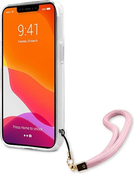Mbështjellës Guess GUHCP13LKCABPI për iPhone 13/13 Pro 6.1", plastikë e fortë, kamuflazh, me varëse, rozë