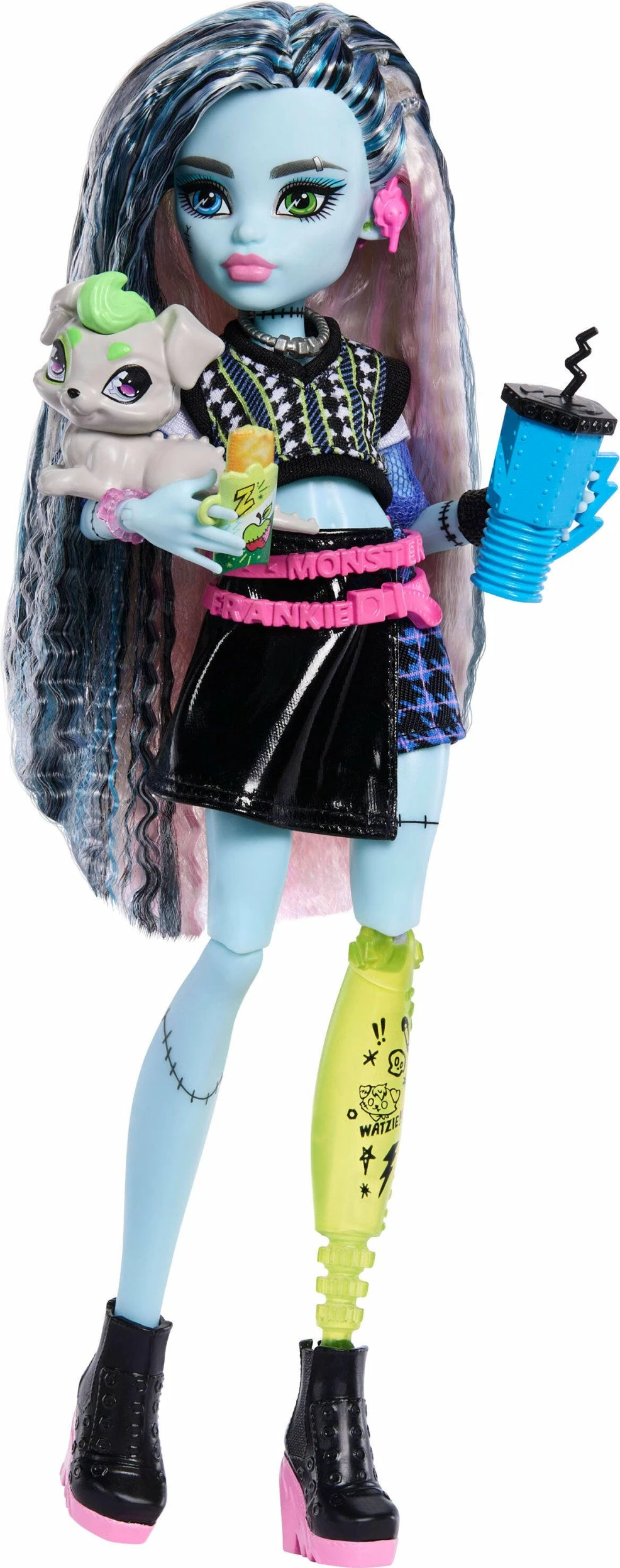 Kukull Mattel Monster High Frankie Stein JHK31, 28.5 cm, me qenush Cotoś dhe aksesorë, shumëngjyrëshe