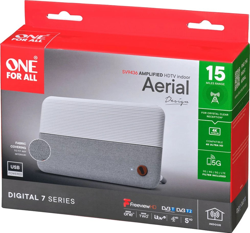 Antenë e brendshme TV One For All SV9436-5G, DVB-T/DVB-T2, filtër 5G/LTE, e bardhë