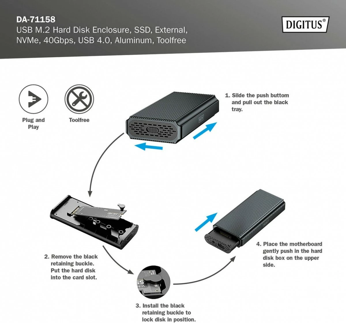 Kasë Digitus DA-71158 për SSD M.2 NVMe, USB 4.0 Type-C, Alumini, Gri