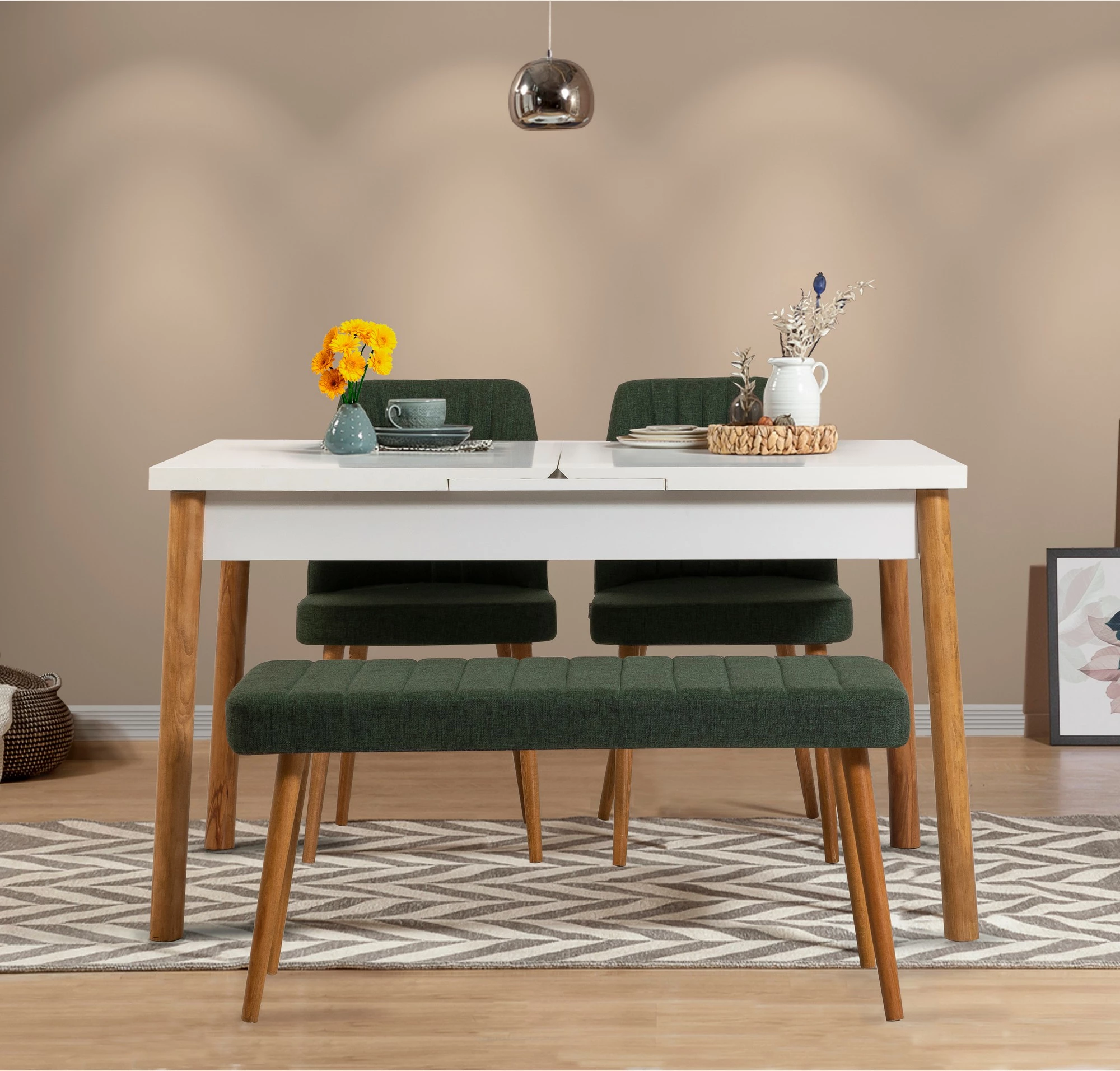 Set tavolinë me karrige për ngrënie, zgjatueshme, 4 pjesë, Skye Decor, ngjyrë pishë Atlantike, e bardhë, e gjelbër