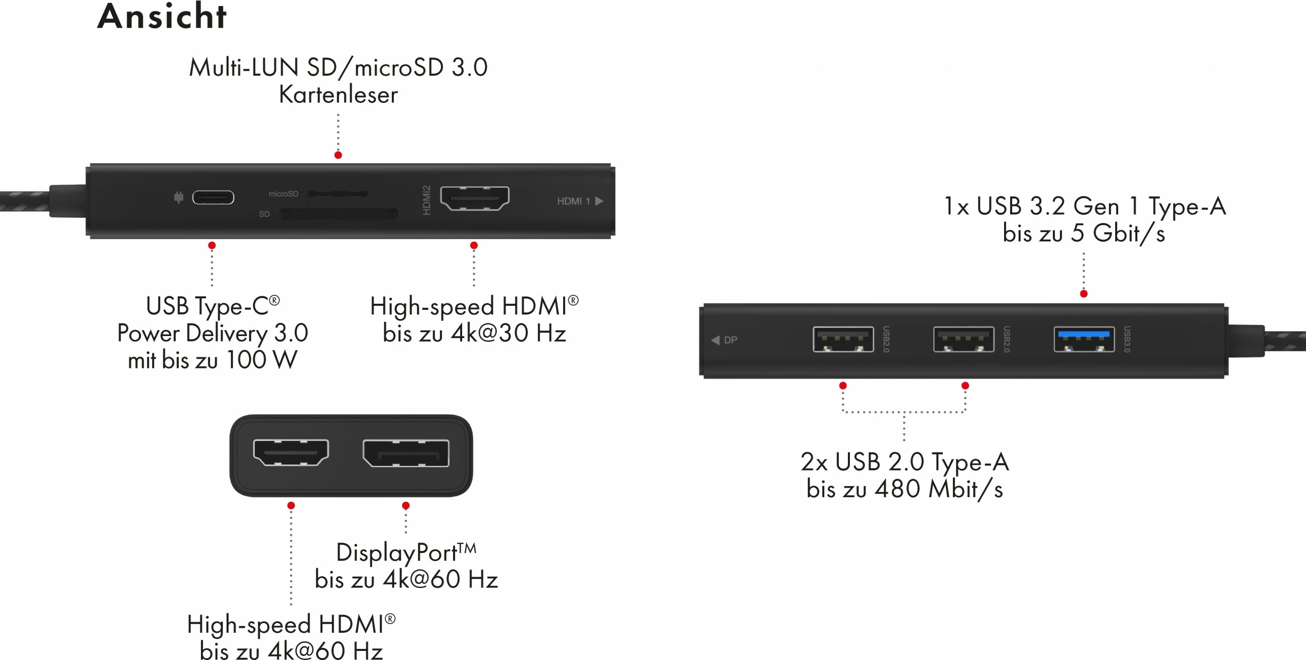 Docking station ICY BOX IB-DK4011-CPD, USB Type-C, HDMI, DisplayPort, MicroSD, e zezë