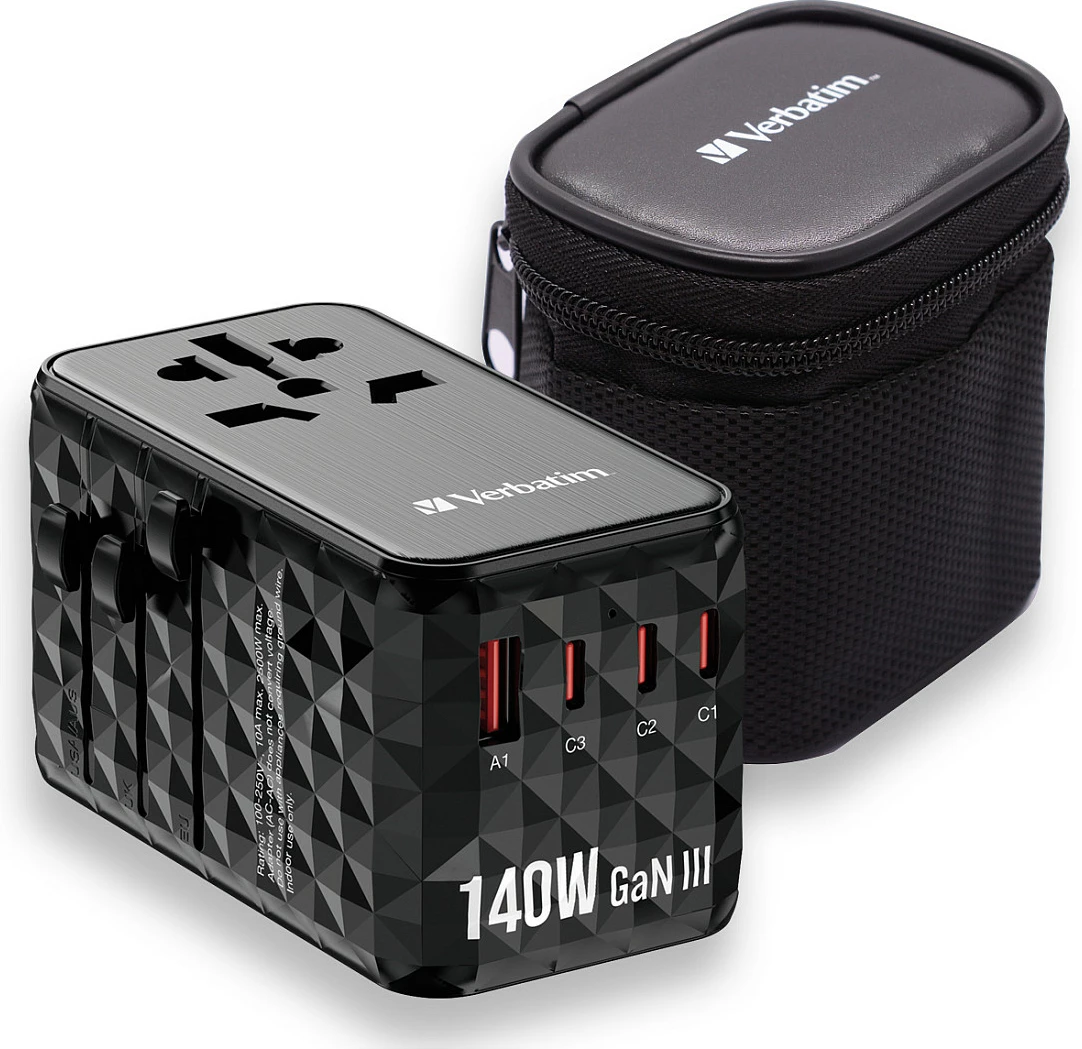 Adapter udhëtimi universal Verbatim UTA-10 GaN III, 140W, 3x USB-C PD, 1x USB-A, i zi