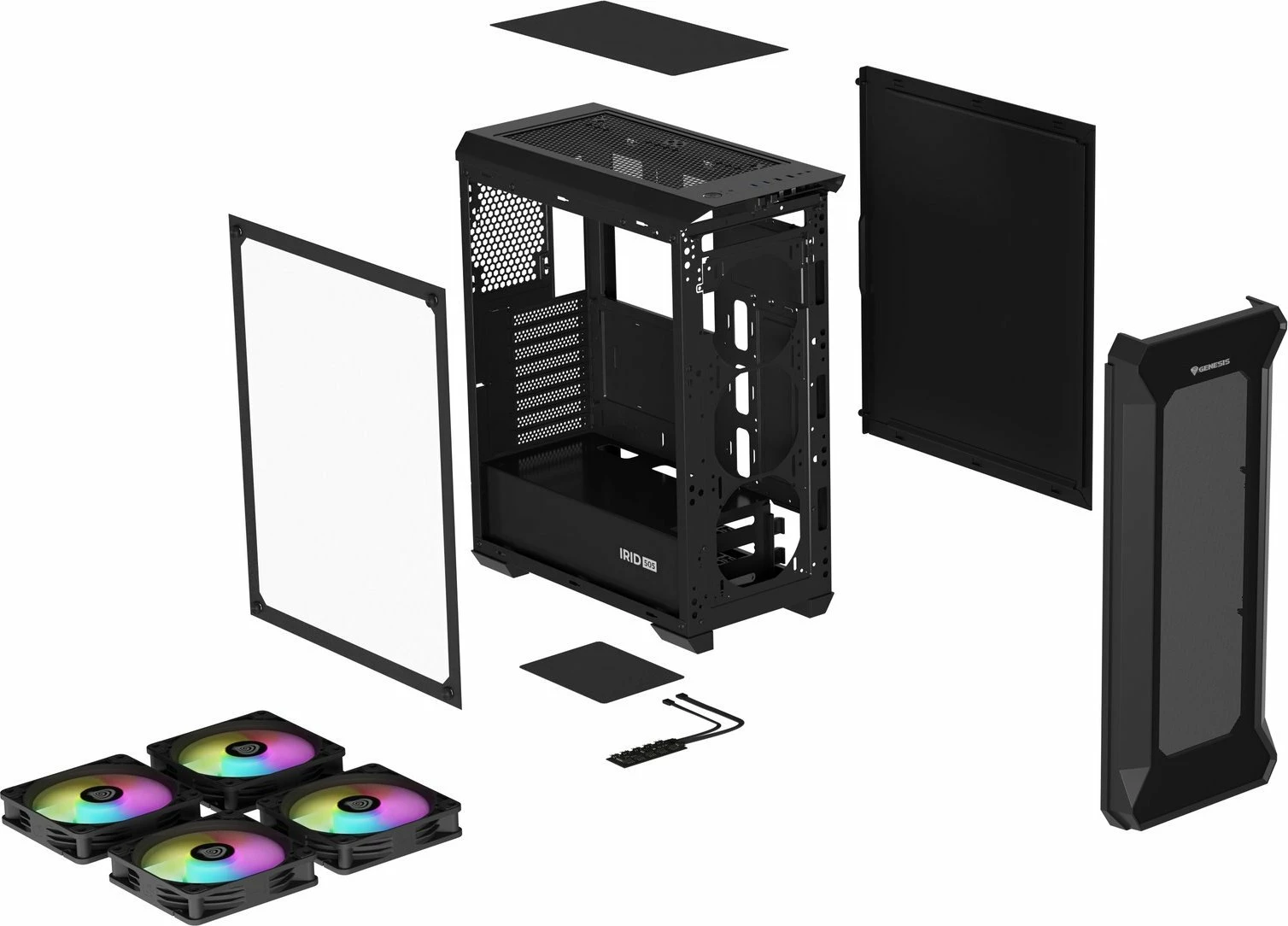 Kasë GENESIS Irid 505 ARGB V2 NPC-1518 Midi Tower ATX/Micro ATX/Mini-ITX, 4x120mm ARGB fan, xham i kalitur, e zezë