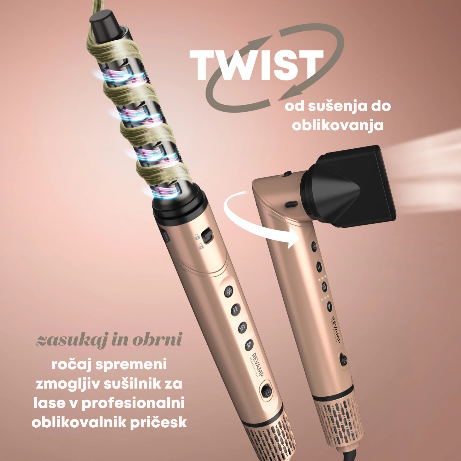 Tharëse flokësh me stilues Revamp Dynamic Radiance Pro DR-2850GD, 6 aksesorë, jonike, 110000 RPM, rozë e artë, set