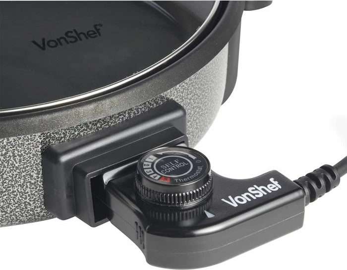 tigan elektrik VONSHEF 2007031, 42cm, 1500W, 5 nivele temperature, kapak qelqi, rrethor, zi/gri (me adapter UK/EU)
