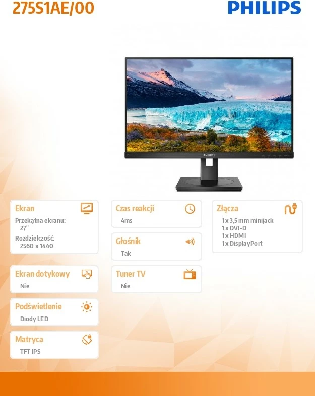 Monitor Philips 275S1AE, 27", IPS, QHD, Pivot, i zi
