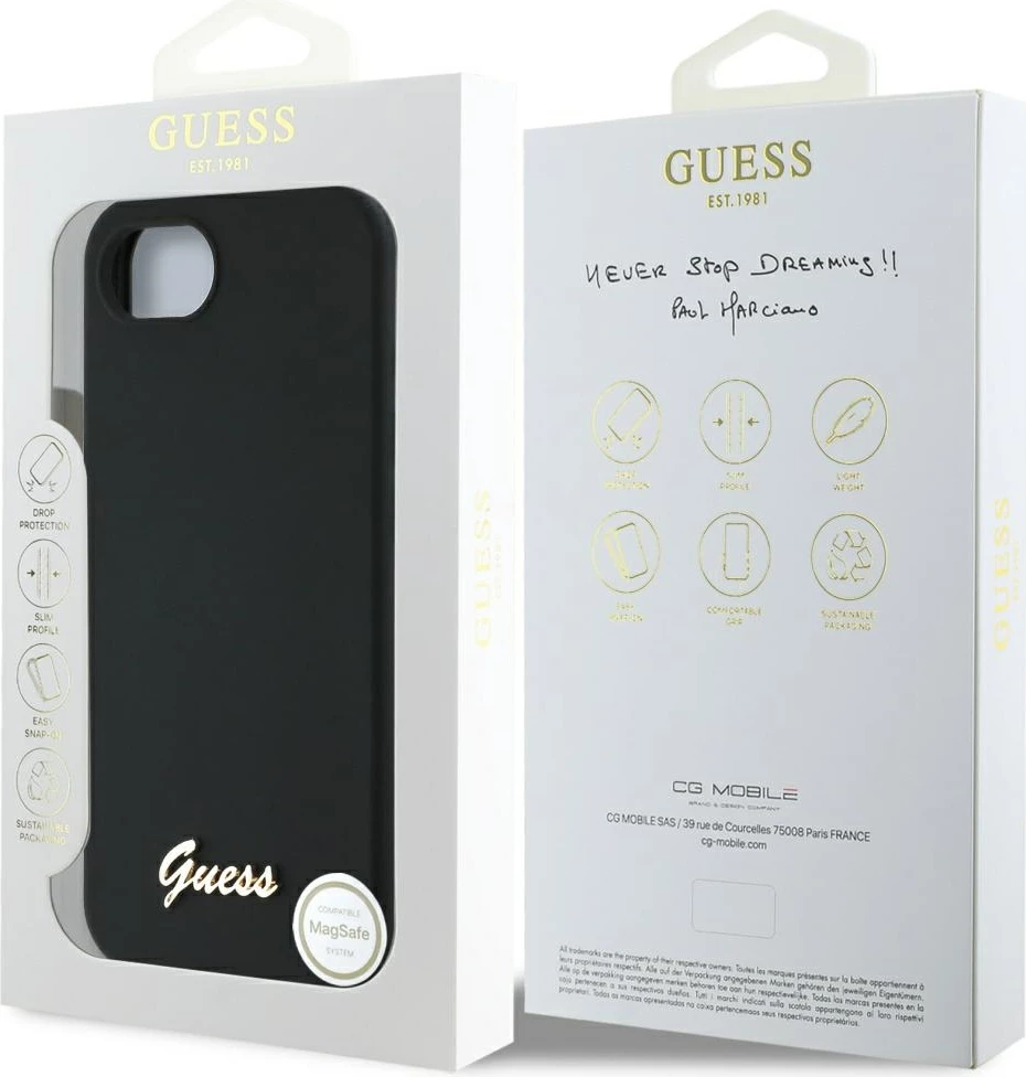 Mbështjellës Guess Silicone Script Metal Logo MagSafe për iPhone 16e, i zi
