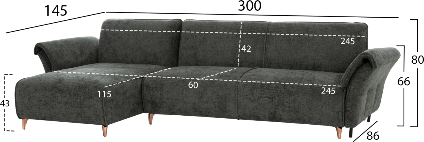 Kënd divan i kthyeshëm, shtrat MAILO, material jeshil, këmbë metalike, 300x145x80cm