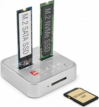 Docking station DeLOCK për 2x M.2 SSD (NVMe + SATA) me lexues SD Express dhe klonim, argjendtë