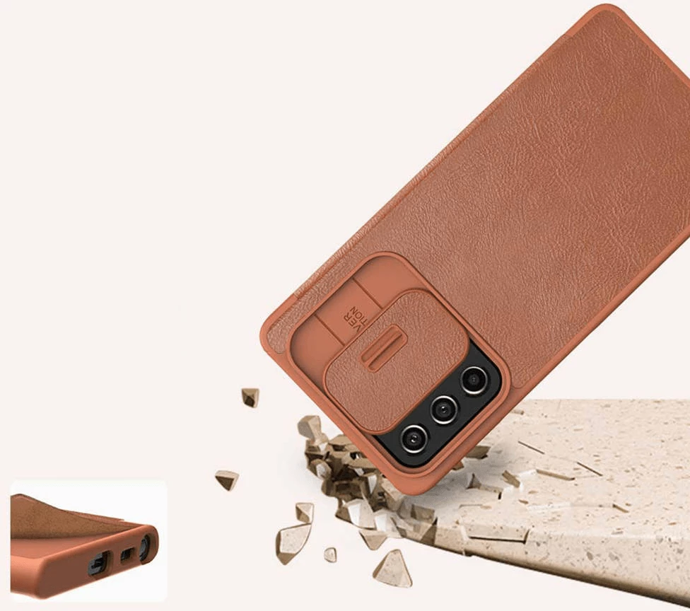 Mbështjellës me kapak NILLKIN QIN Pro për Samsung Galaxy A54, me mbrojtje kamere, me xhep karte, kafe