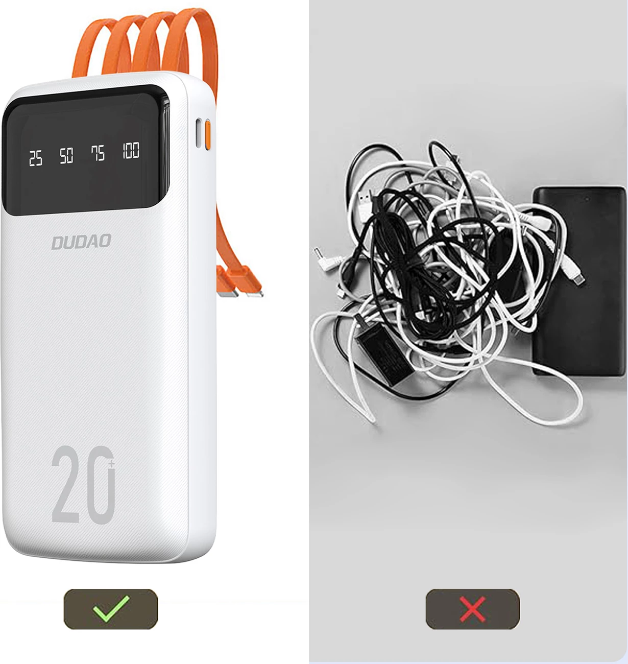 Powerbank, Dudao K6Pro+, 20000mAh, 2x USB, me kabllo të integruara USB-C/Lightning/micro USB, 10W, 2A, e bardhë