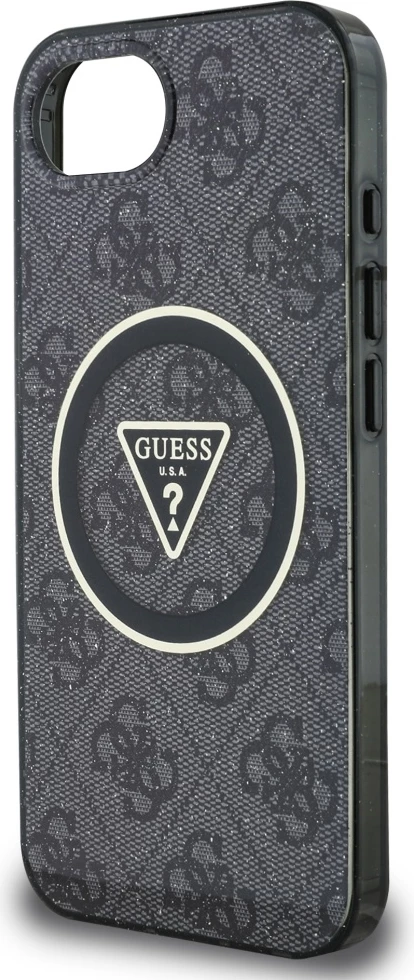 Mbështjellës Guess IML Metal Glitter 4G Circle Triangle MagSafe për iPhone 16e, i zi