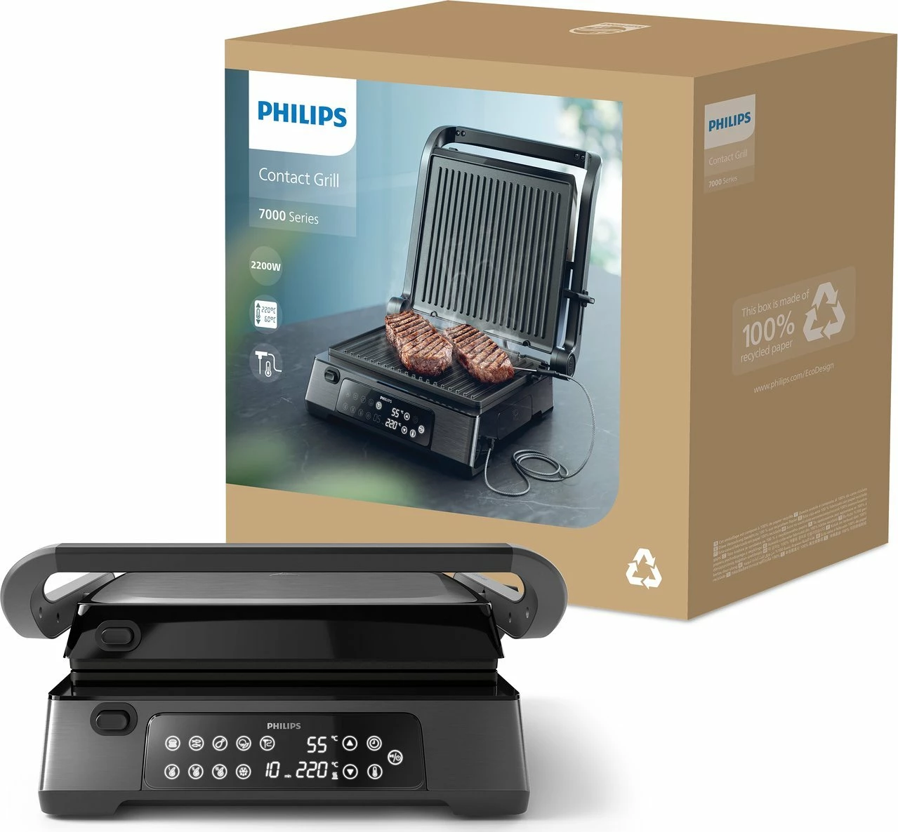 Grill elektrik Philips HD6307/70 2200W kontakt, kontroll temperature, timer, termometër, i zi
