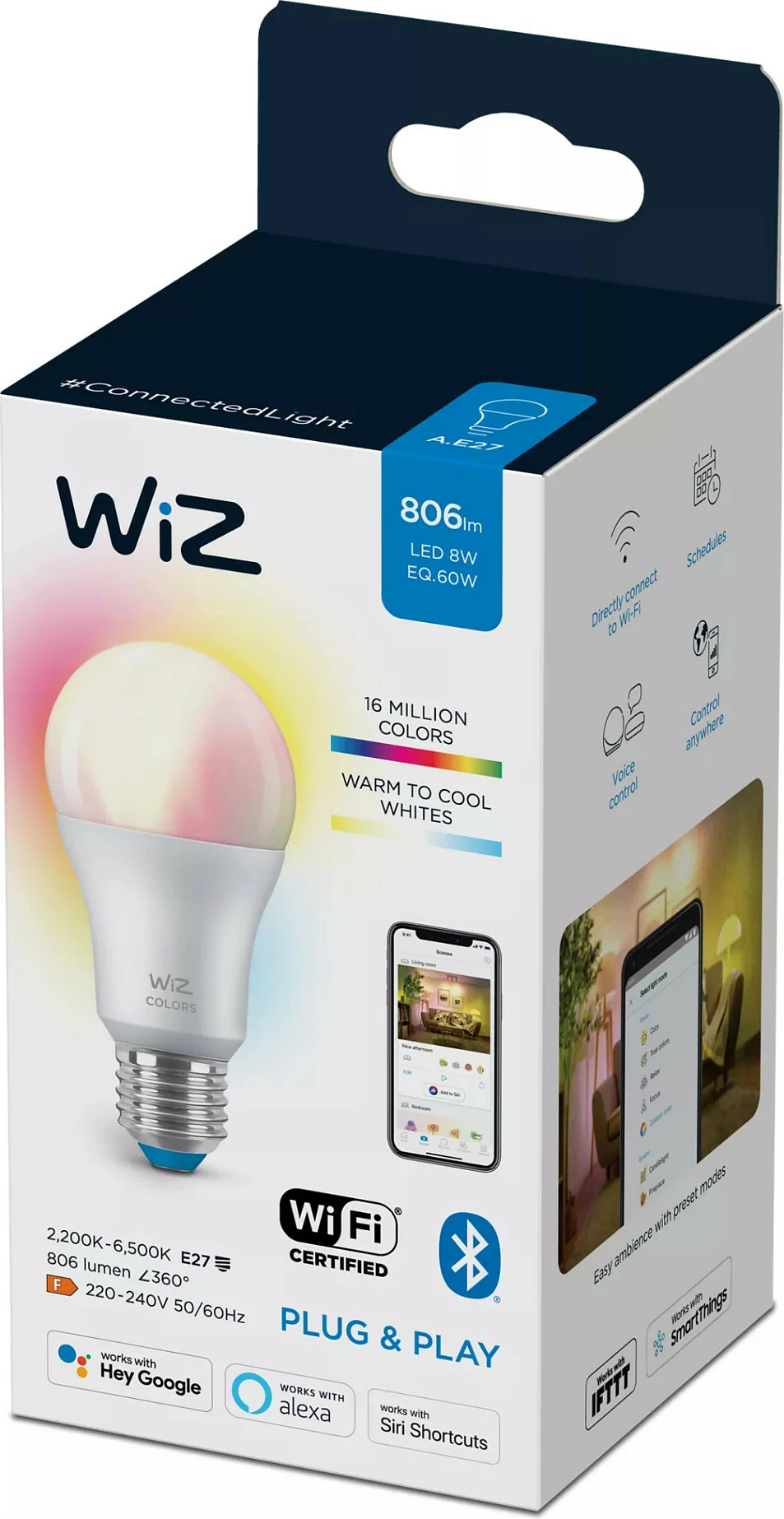 Llambë smart WiZ Bulb 8W A60 E27, Wi‑Fi/Bluetooth, full-color, e bardhë