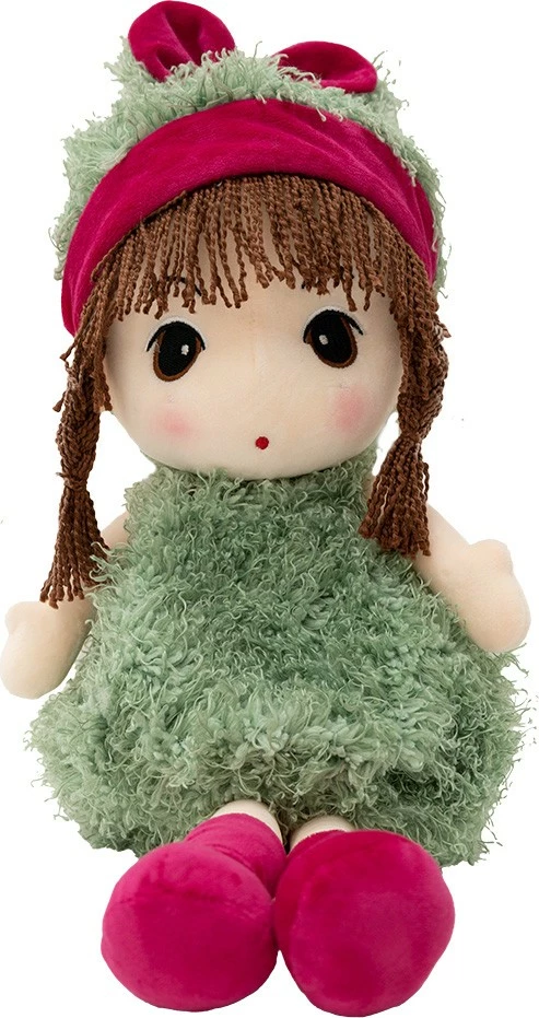 Kukull pelushi ASKATO 44 cm, fustan i gjelbër, këpucë dhe kapelë rozë