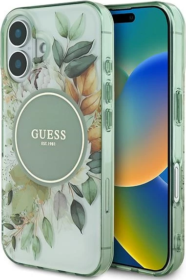 Mbështjellës Guess IML Flower & Tonal Circle MagSafe për iPhone 16 Plus, Gjelbër