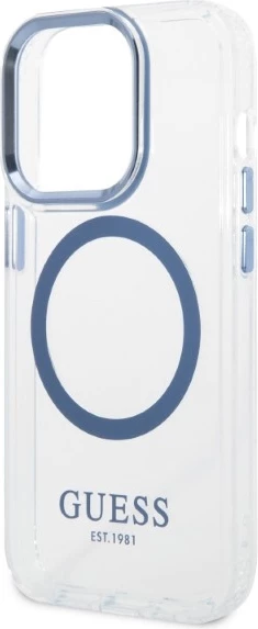 Mbështjellës Guess Metal Outline Magsafe për iPhone 14 Pro Max 6.7", kaltër/transparente