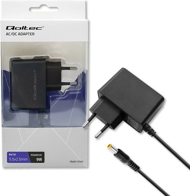 Adapter energjie Qoltec 52403, 9W, 9V, 1A, prizë 5.5x2.5 mm, i zi