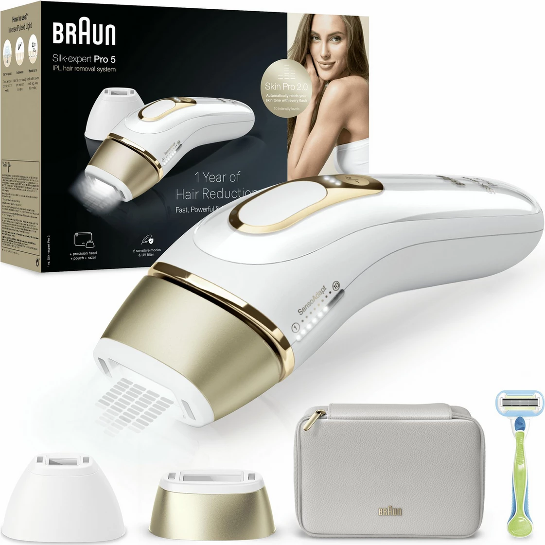 Epilator IPL, Braun Silk-expert Pro 5 PL5152 / 238366, me sensor SensoAdapt, me koka precize, me çantë ruajtëse, e bardhë