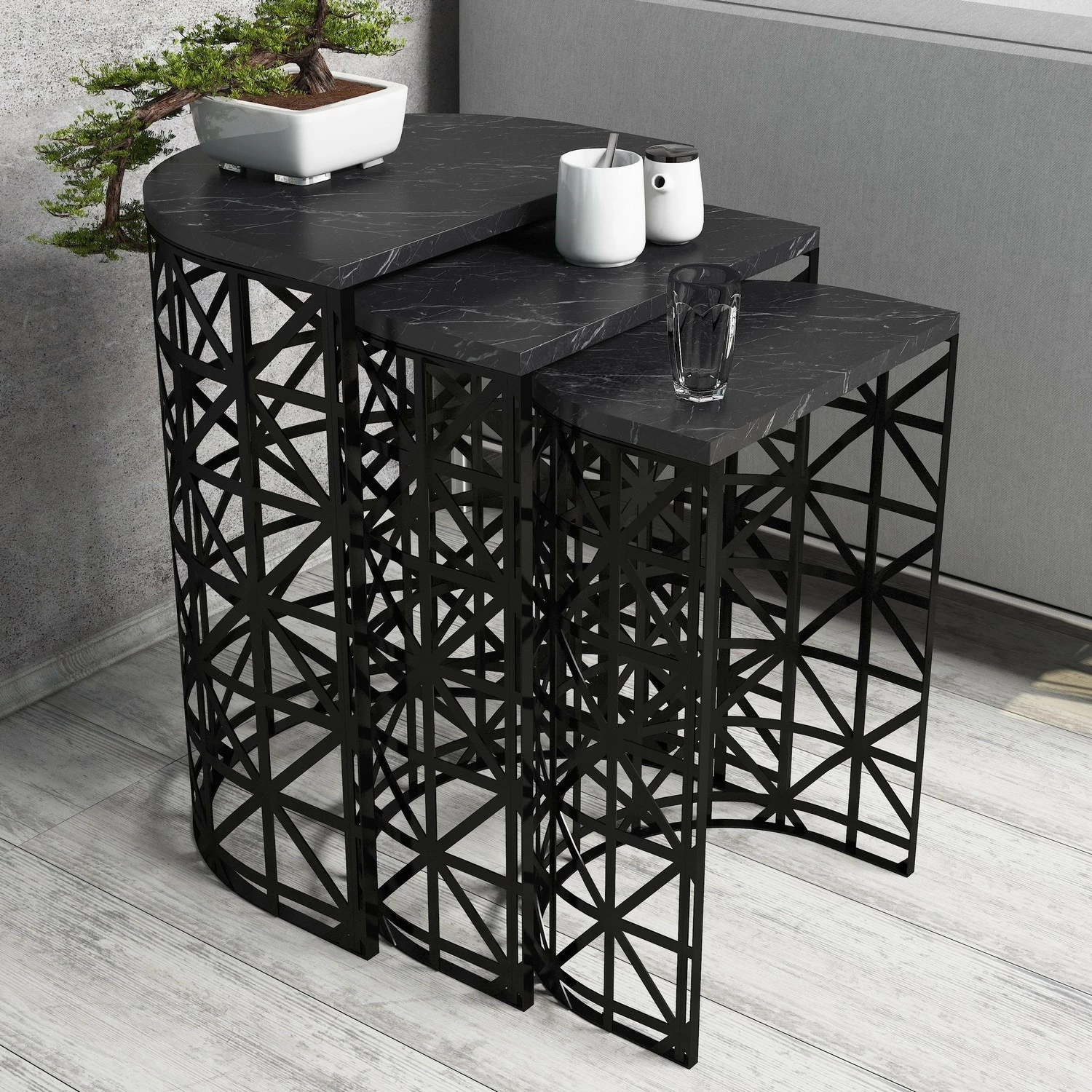 Set tavolinash të mbivendosura Hanah Home, stil, mermer i zi (3 copë)