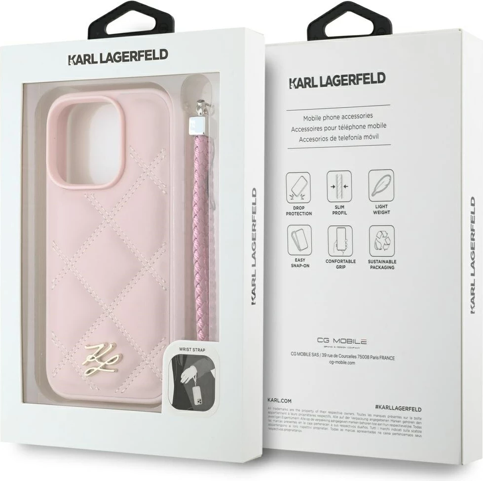 Mbështjellës Karl Lagerfeld Quilted Initial Logo & Chain Strap për iPhone 16 Pro Max, Rozë