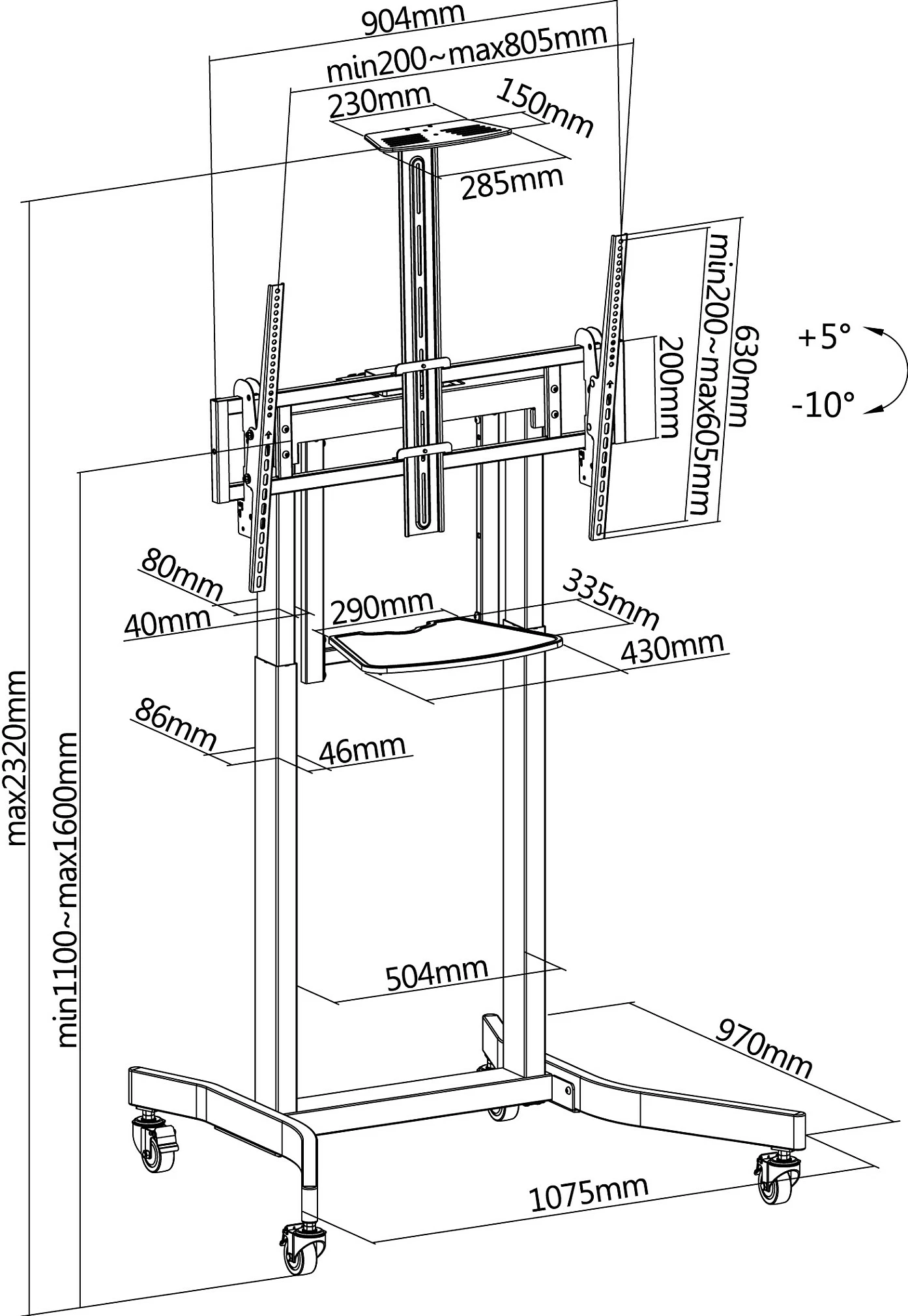 Stativ dyshemeje për TV/Monitor EQUIP 650633, 55"-100", VESA 800x600, me rrota, 120 kg, i zi
