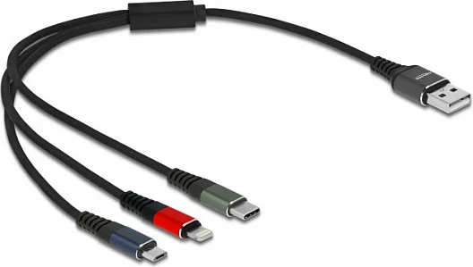 Kabllo karikimi DeLOCK 3-në-1 USB-A në Lightning/Micro-USB/USB-C, 30 cm, 3A, zi/blu/jeshile/kuqe