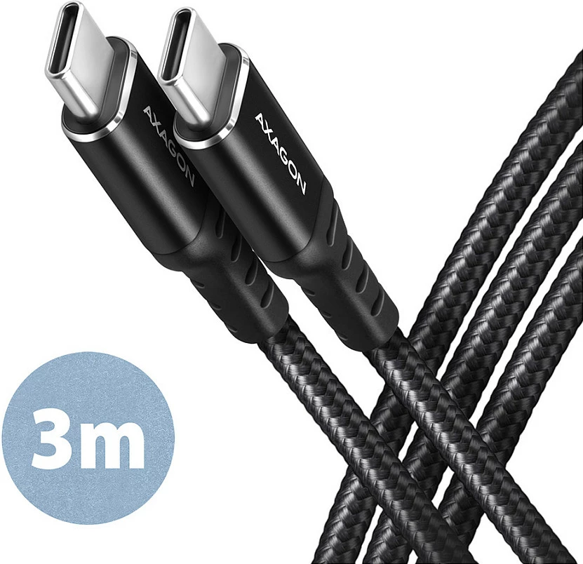 Kabllo USB-C Axagon BUCM-CM30AB, USB-C në USB-C, 3 m, PD 60W, 3A, e thurur, e zezë