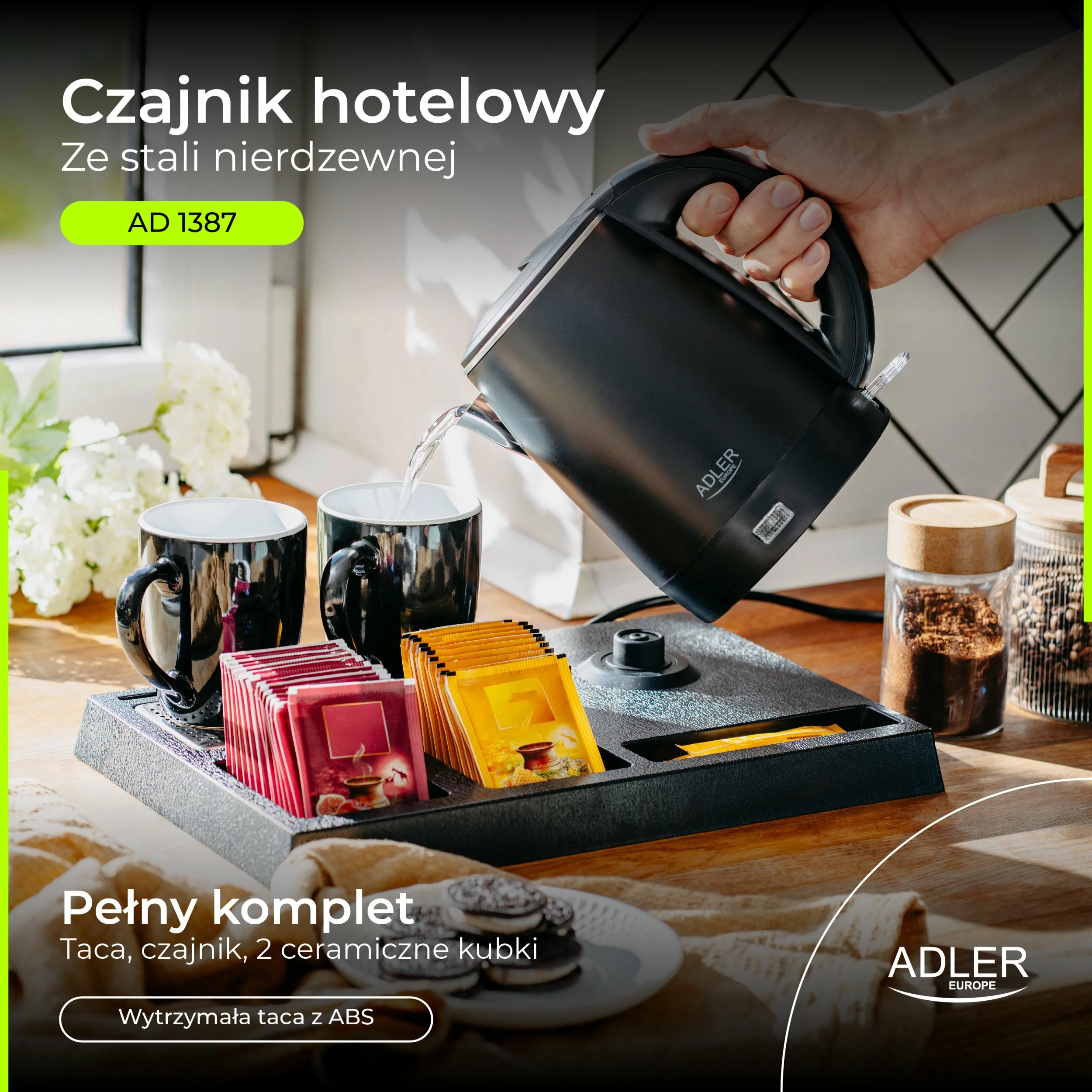 Çajnik elektrik Adler AD 1387, 1 L, set me tabaka dhe 2 filxhana, i zi