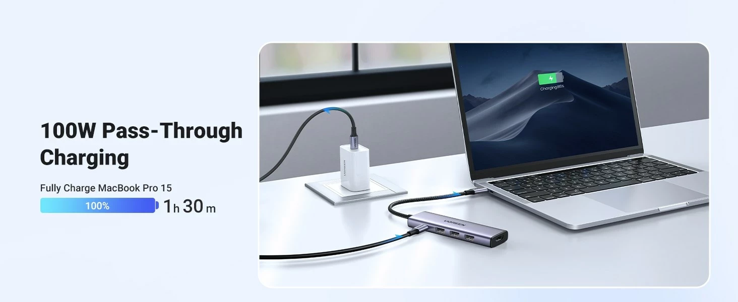 Dock UGREEN 15596 për laptop, 3x USB 3.2 Gen 1 Type-A, 1x USB Type-C, 3x HDMI 2.0, 100W, Alumini