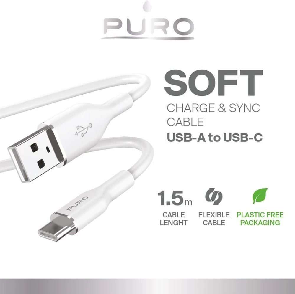 Kabllo USB-A në USB-C Puro Soft 1.5m, e bardhë