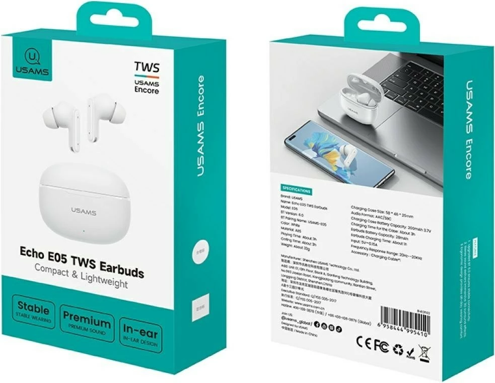 Kufje Bluetooth TWS, USAMS E05 (USA001684), Bluetooth 6.0, me kuti karikimi USB-C, të bardha