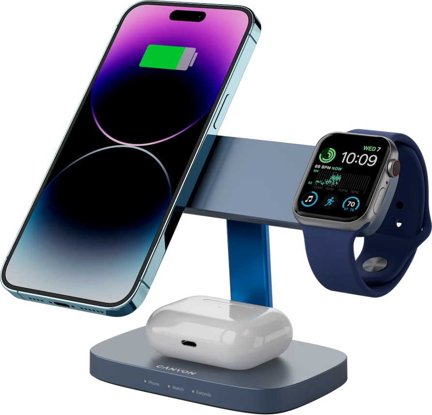 Stacion karikimi pa kabllo CANYON Hexagon WCS-310 3në1 15 W, Dark Grey/Blue, me adapter PD 20W + kabllo USB-C