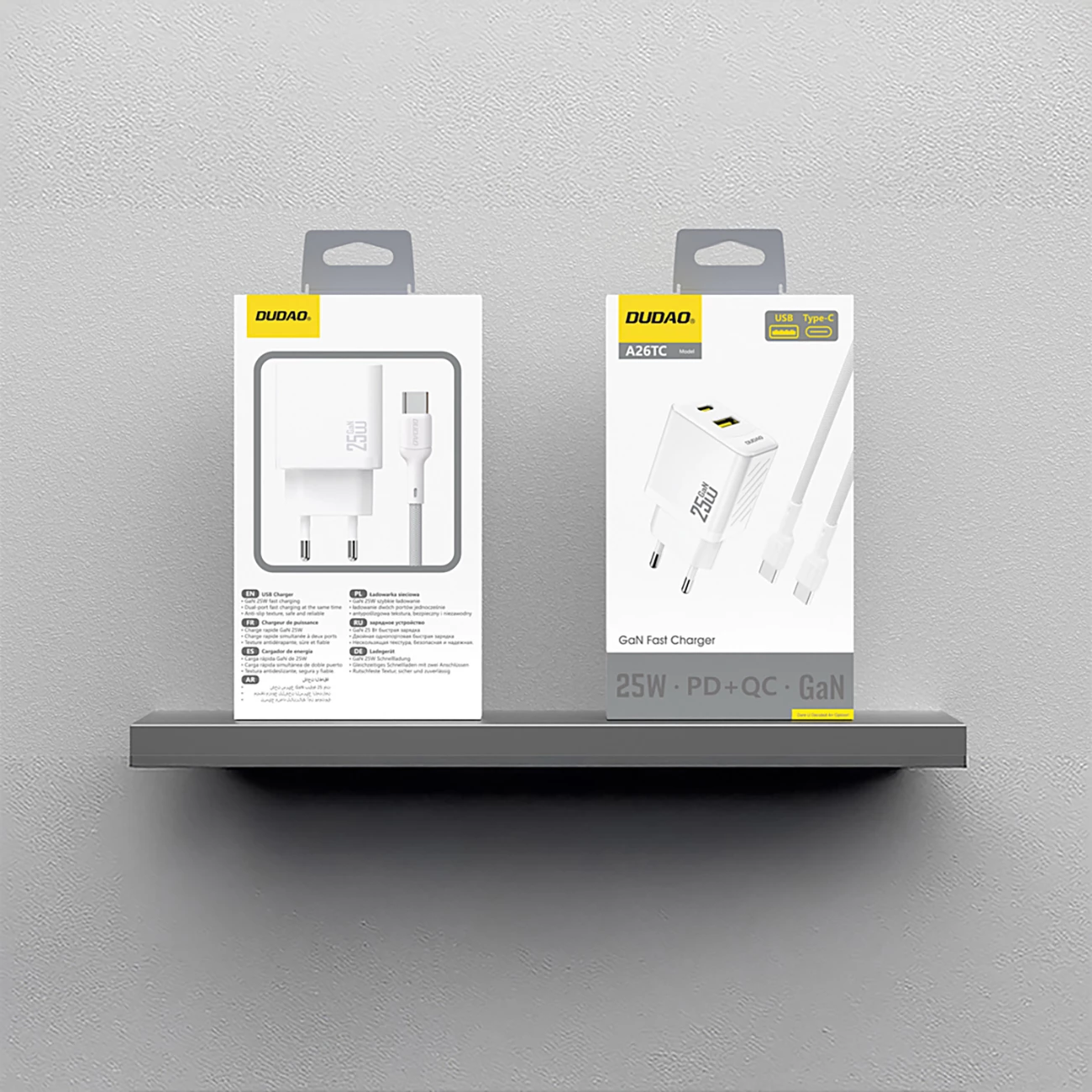 Karikues muri Dudao A26TCEU GaN 25W PD/QC, 2 porta USB-C + USB-A, me kabllo USB-C, bardhë