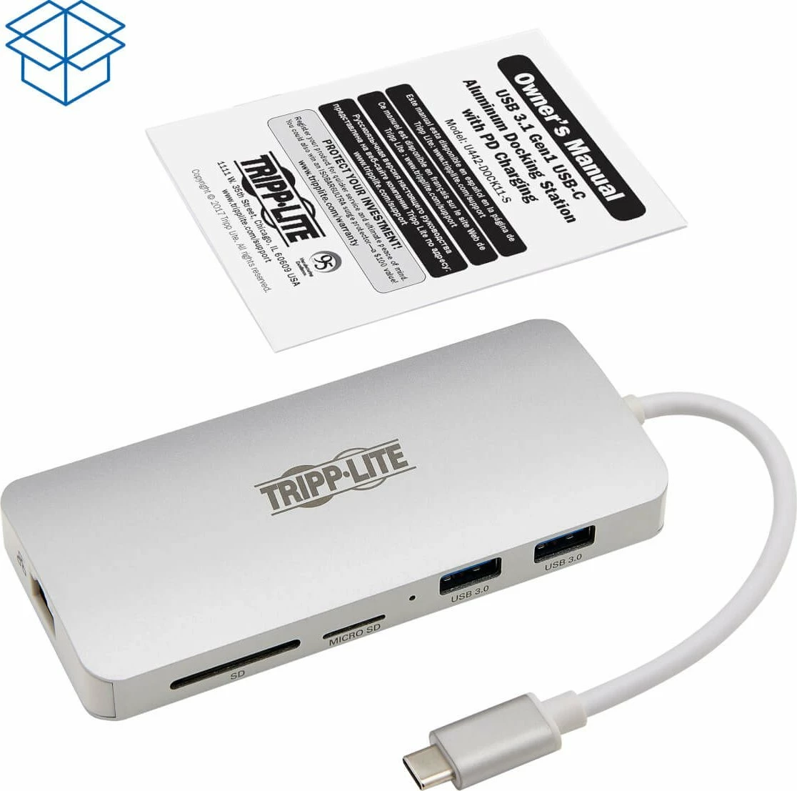 Stacion dokimi USB-C Eaton Tripp Lite Series, 4K HDMI, 2x USB 3.0, 1x USB-C, GbE, SD/microSD, PD 60 W, argjendtë